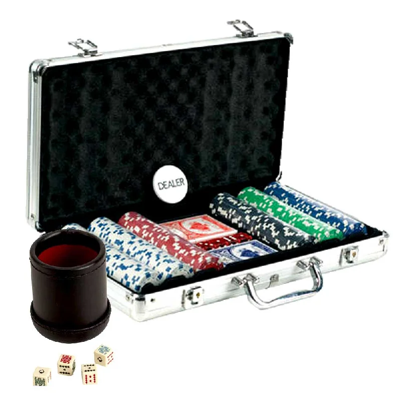 300 Chips Aluminum Case Poker Set + Deluxe Dice Cup With 5 Poker Dice Set