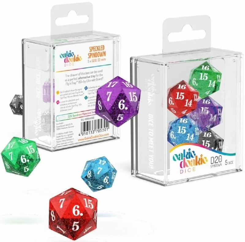 Oakie Doakie Dice D20 Spindown Speckled Selection 22mm (5)