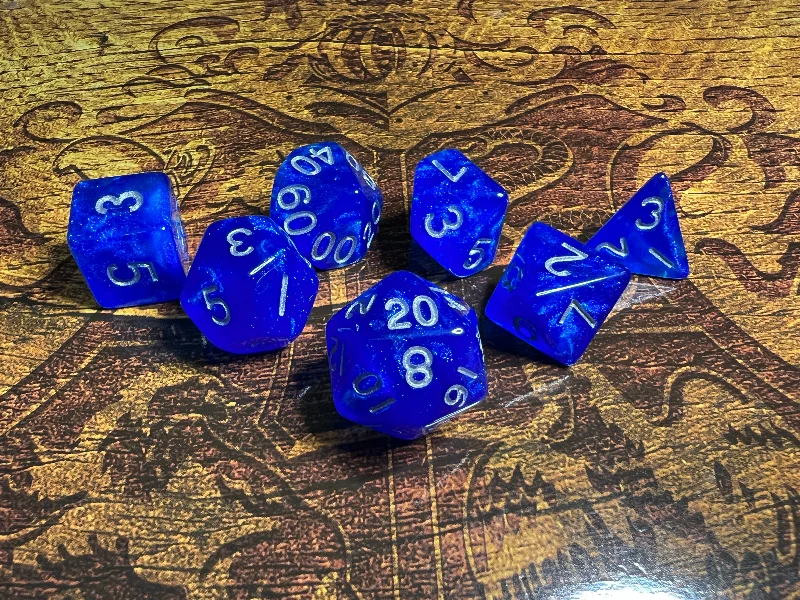 Stardust: Blue w/ Silver Numbers 16mm Resin Poly Dice Set